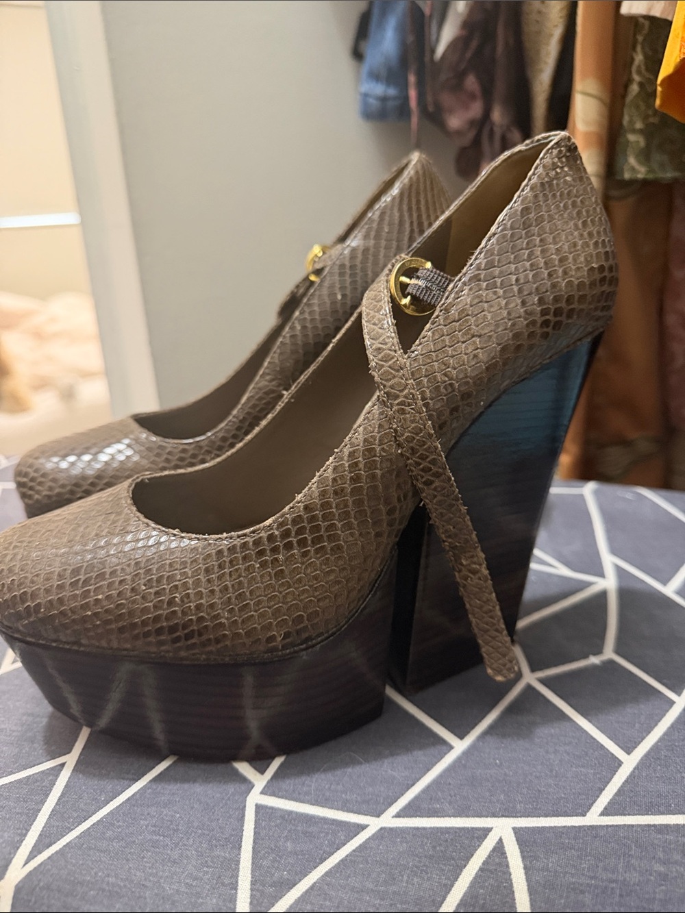 Alice + Olivia Taupe Snake-Embossed Platform Mary Jane Pumps